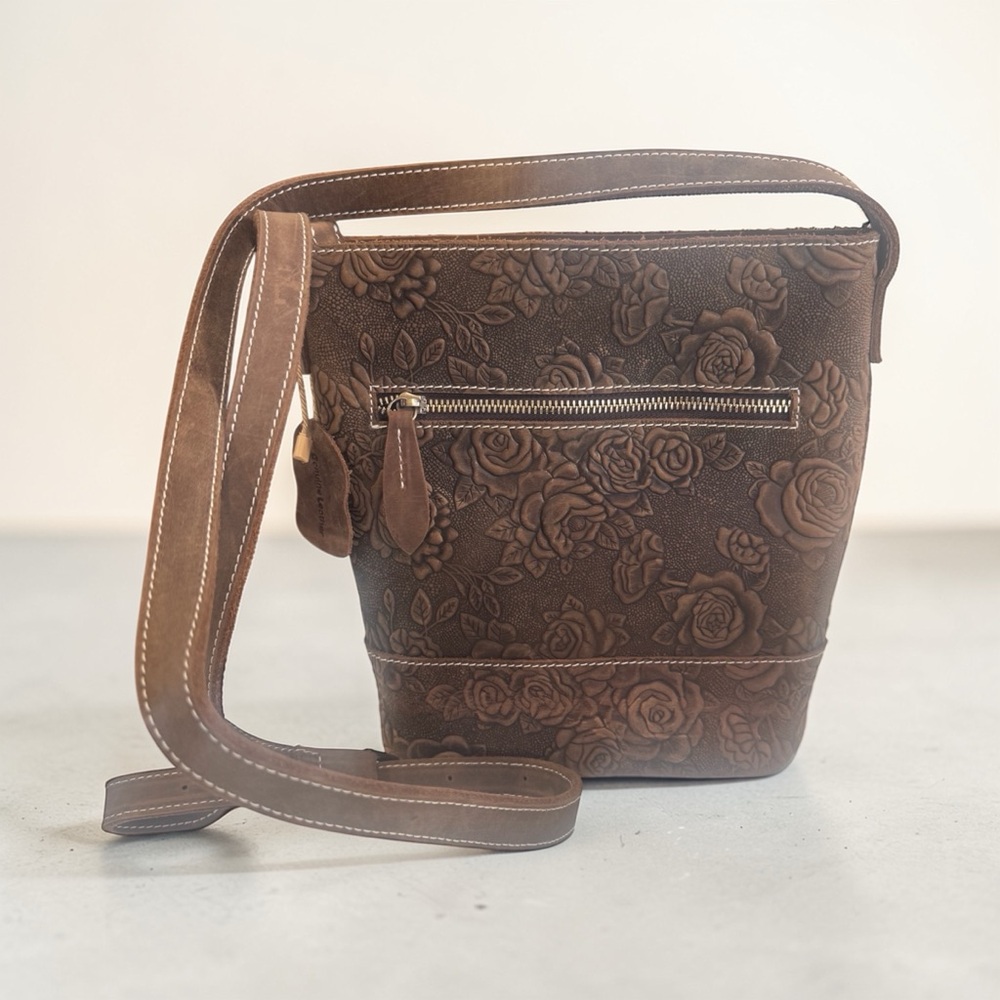 Elegant Brown Leather Floral Women Bag
